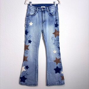 Oh Jeans Star Patchwork Blue Jeans Mid Rise Flare Women’s Medium Artsy Casual